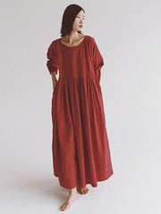 Plus-Size Women Cotton Solid Loose Long Sleeves Dress