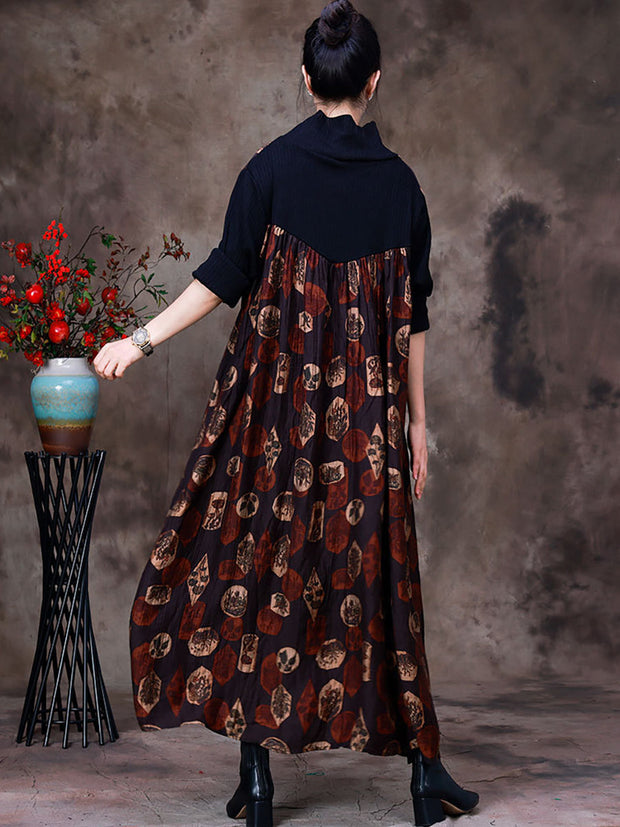 Autumn Women Polyeter Colorblock Print Dress