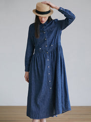 Plus-Size Women Autumn Vintage Button Denim Shirt Dress