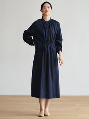 Plus-Size Women Autumn Solid Pleated Long Sleeves Dress