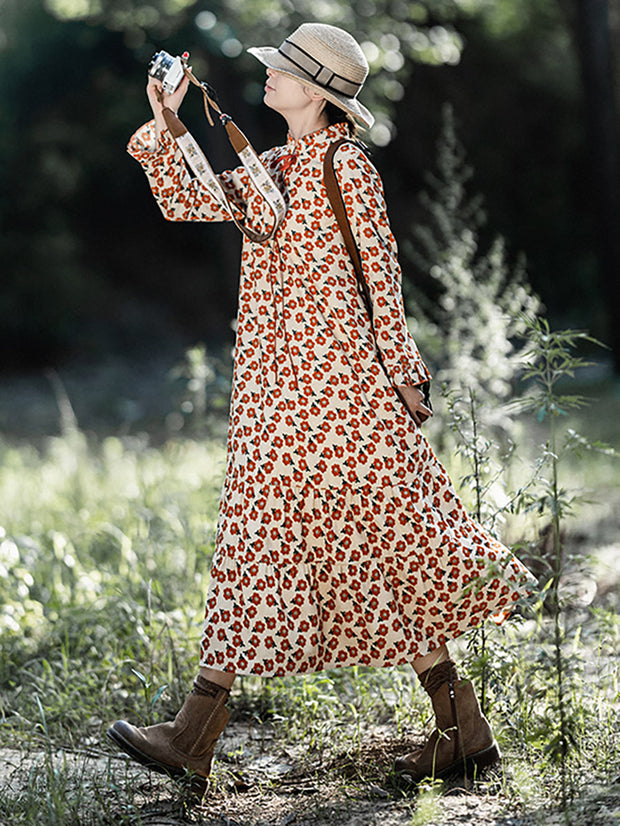 Plus-Size Women Autumn Vintage Floral Dress