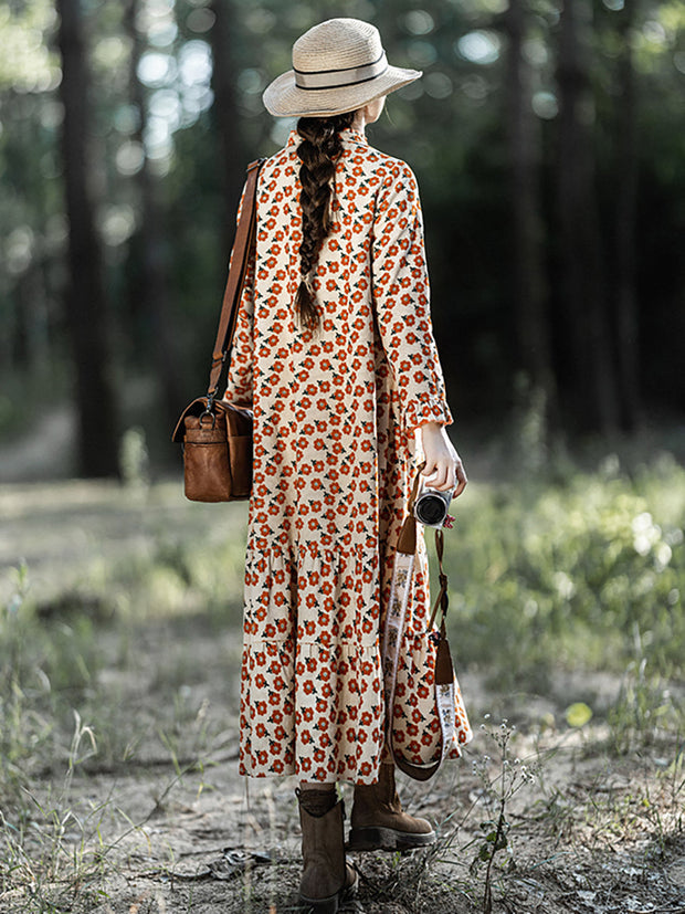 Plus-Size Women Autumn Vintage Floral Dress