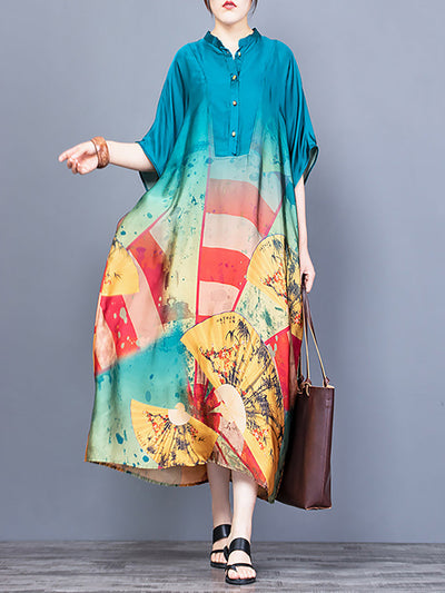 Stand Collar Vintage Women Maxi Dress