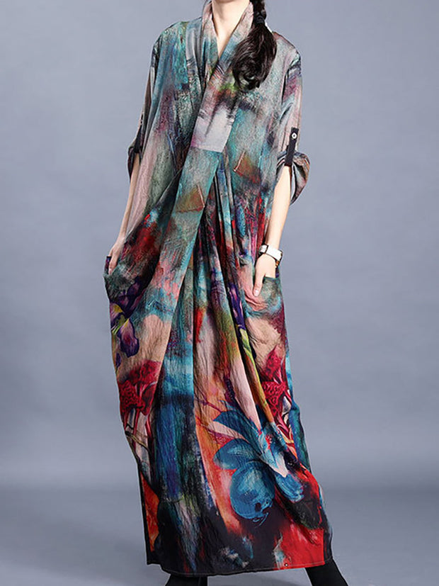 Women Flower Print Irregular Maxi Dress