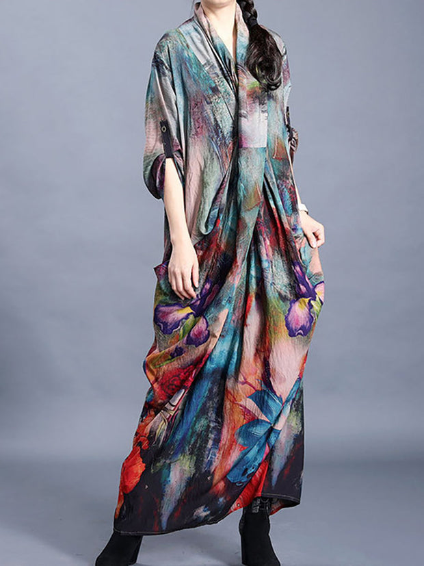Women Flower Print Irregular Maxi Dress