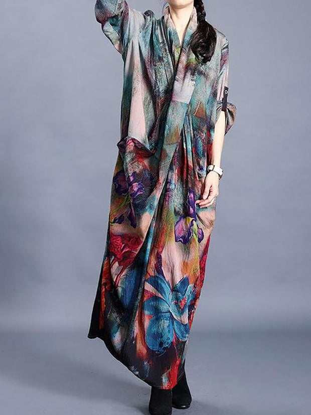 Women Flower Print Irregular Maxi Dress