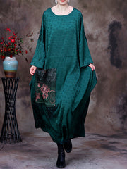 Embroidered Vintage Women Retro Batwing Sleeve Maxi Dress