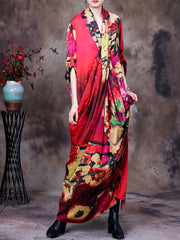 Plus Size -Drape Floral Vintage Women Retro Maxi Dress