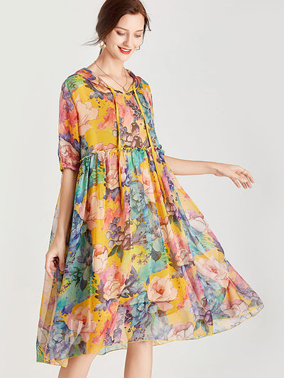 Hoody Summer Floral Loose Vintage Pleated Dress