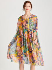 Hoody Summer Floral Loose Vintage Pleated Dress