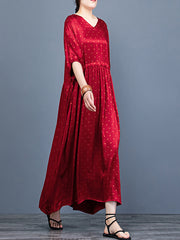 V Neck Dot Half Sleeve Vintage Women Maxi Dress