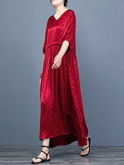 V Neck Dot Half Sleeve Vintage Women Maxi Dress