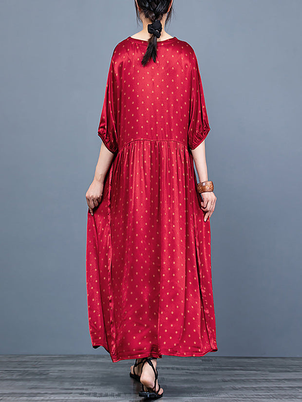 V Neck Dot Half Sleeve Vintage Women Maxi Dress