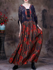 Patchwork Floral Vintage Women Retro Maxi Dress