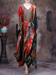 Plaid V Neck Summer Vintage Loose Maxi Dress