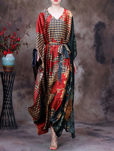Plaid V Neck Summer Vintage Loose Maxi Dress