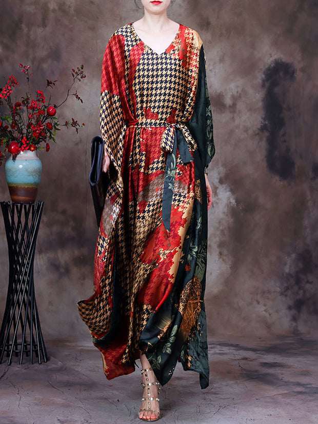 Plaid V Neck Summer Vintage Loose Maxi Dress