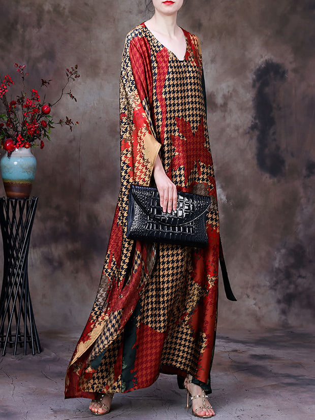Plaid V Neck Summer Vintage Loose Maxi Dress