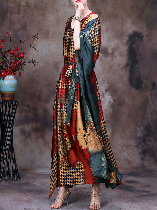 Plaid V Neck Summer Vintage Loose Maxi Dress