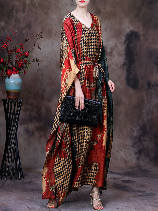 Plaid V Neck Summer Vintage Loose Maxi Dress