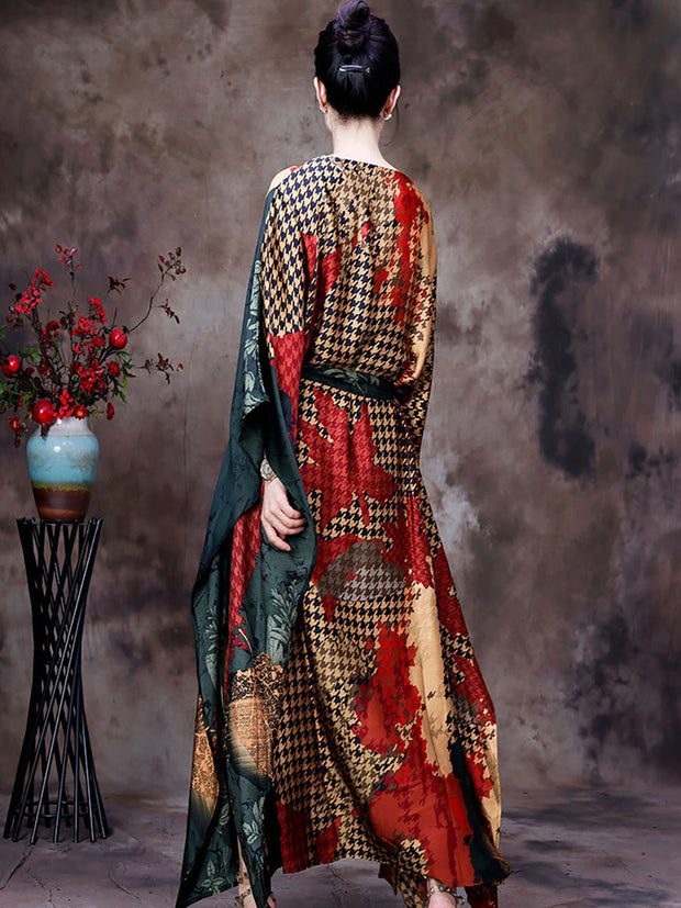 Plaid V Neck Summer Vintage Loose Maxi Dress