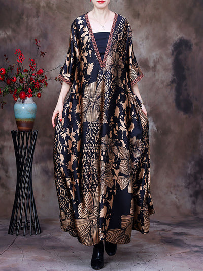 Floral Silk V Neck Summer Vintage Loose Maxi Dress