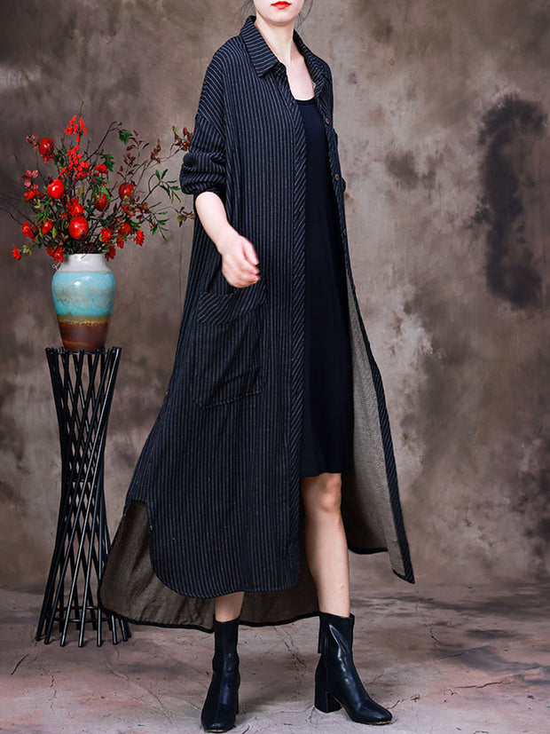 Plus-Size Women Cotton Striped Irregular Long Jacket