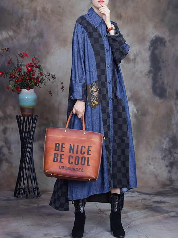 Women Plaid Irregular Denim Loose Coat