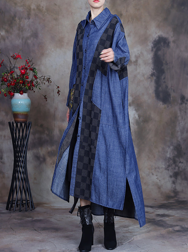 Women Plaid Irregular Denim Loose Coat