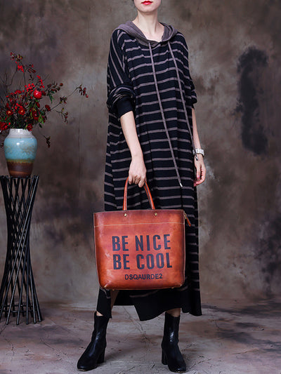 Striped Irregular Slit Hooded Dress For Women