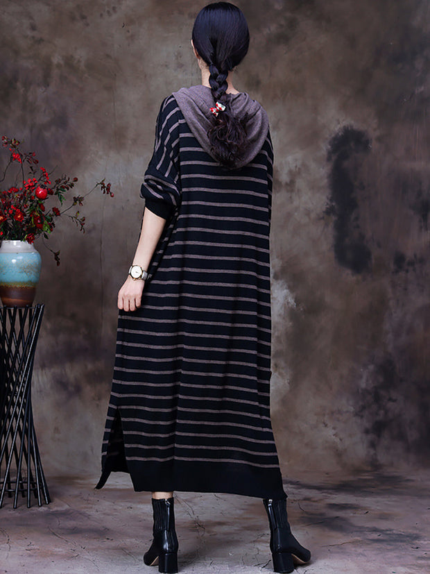 Striped Irregular Slit Hooded Dress For Women