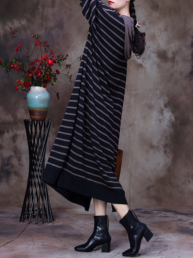 Striped Irregular Slit Hooded Dress For Women