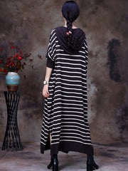 Striped Irregular Slit Hooded Dress For Women