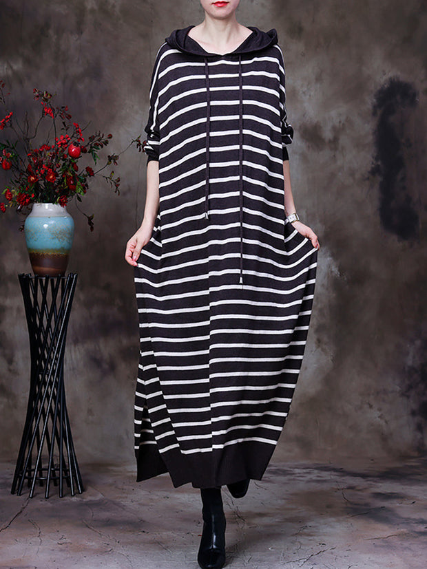 Striped Irregular Slit Hooded Dress For Women