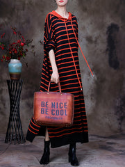 Striped Irregular Slit Hooded Dress For Women