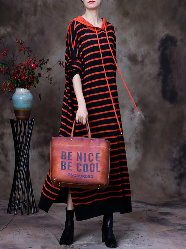 Striped Irregular Slit Hooded Dress For Women