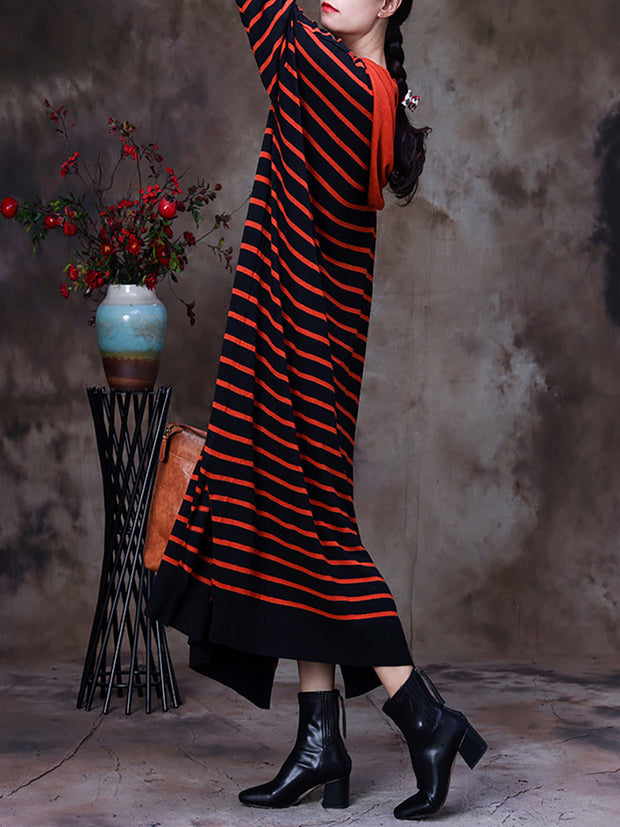 Striped Irregular Slit Hooded Dress For Women