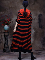 Striped Irregular Slit Hooded Dress For Women