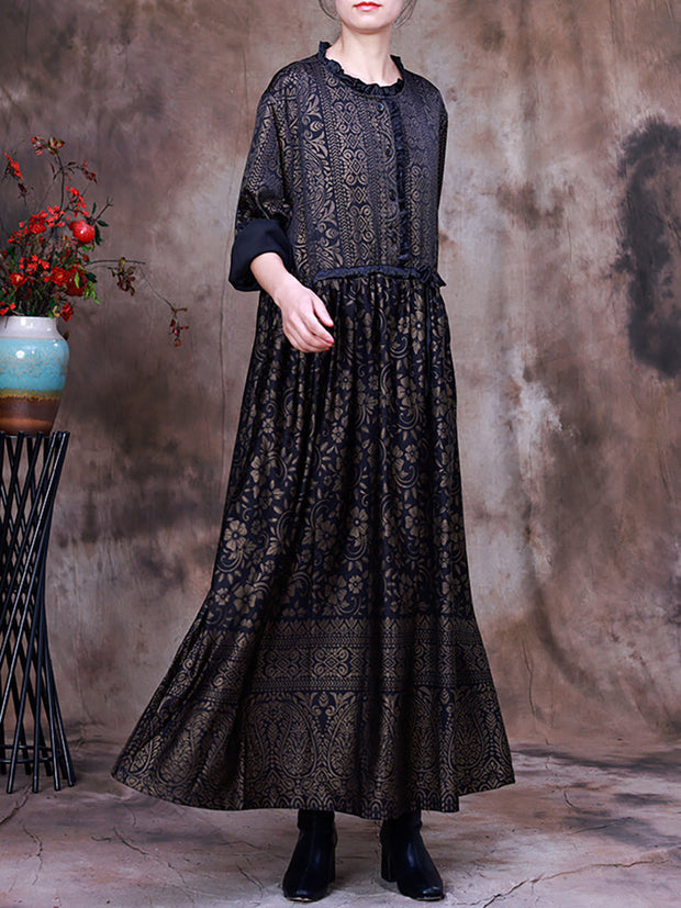 Women Print  Lacing Long Sleeves Dress