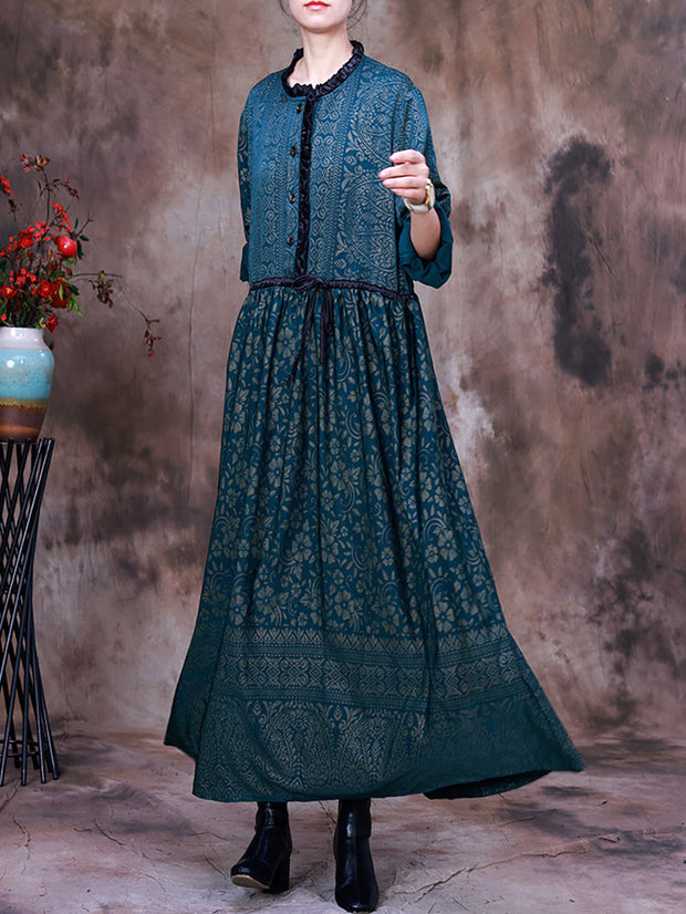 Women Print  Lacing Long Sleeves Dress