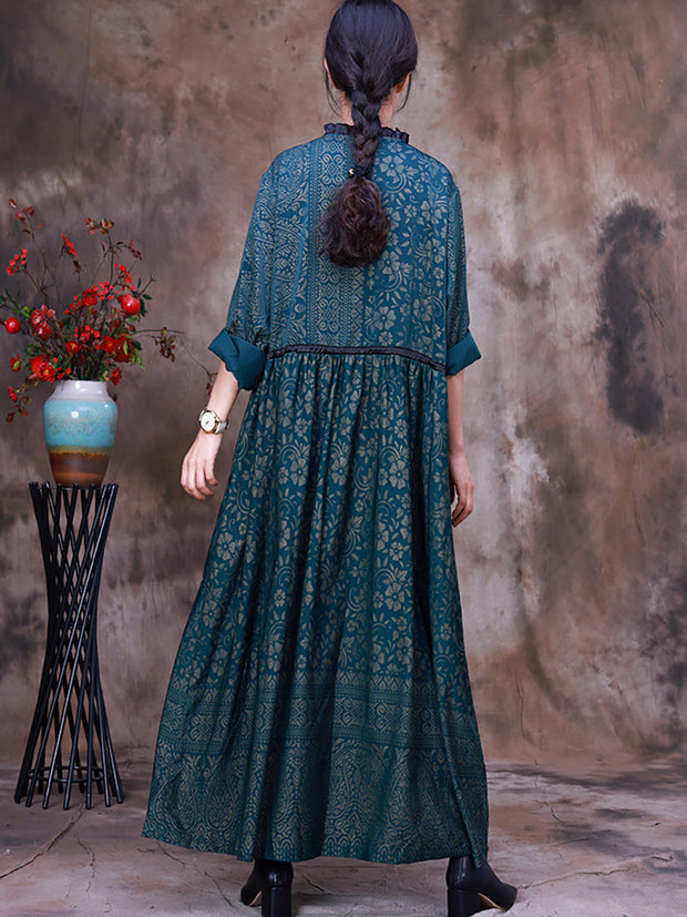 Women Print  Lacing Long Sleeves Dress
