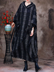 Hooded Plaid Batwing Sleeve Women Dress