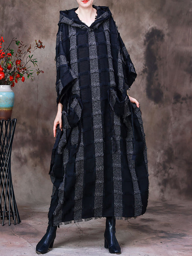 Hooded Plaid Batwing Sleeve Women Dress