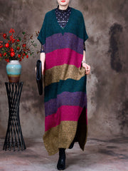 Women Wool Striped Colorblock V-Neck Long Dress