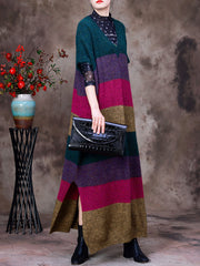 Women Wool Striped Colorblock V-Neck Long Dress