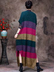 Women Wool Striped Colorblock V-Neck Long Dress