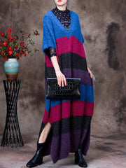 Women Wool Striped Colorblock V-Neck Long Dress