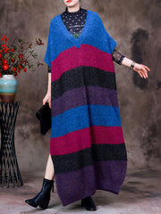 Women Wool Striped Colorblock V-Neck Long Dress