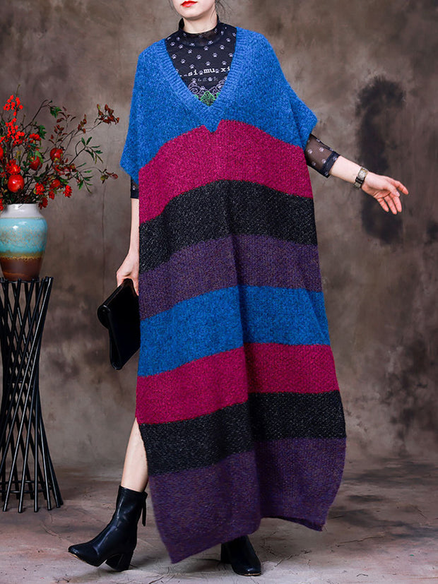 Women Wool Striped Colorblock V-Neck Long Dress