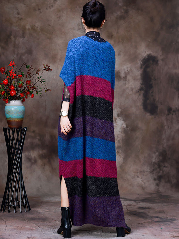 Women Wool Striped Colorblock V-Neck Long Dress